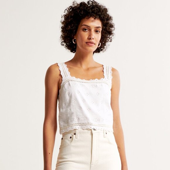 Abercrombie & Fitch White Linen-Blend Tie-Back Squareneck Crop Top Size Medium - Picture 1 of 13